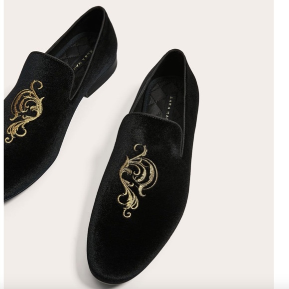 Zara Men Velvet Smoking Loafers Gold Embroidery